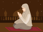 Vector Illustration Of Young Muslim Girl Praying.